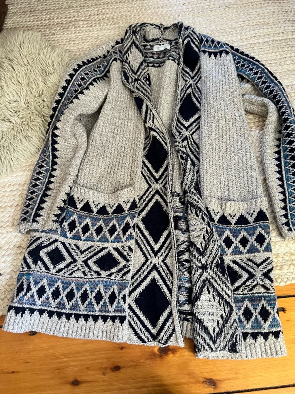 Lucky Brand Taupe & Blue Geometric Western Open Cardigan